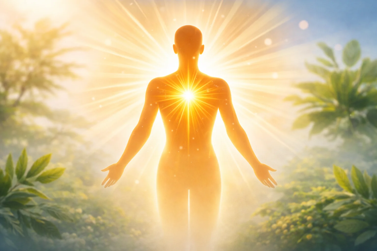 Silhouette of person with arms outstretched and radiant light emanating from chest representing natural energy, vitality and wellness