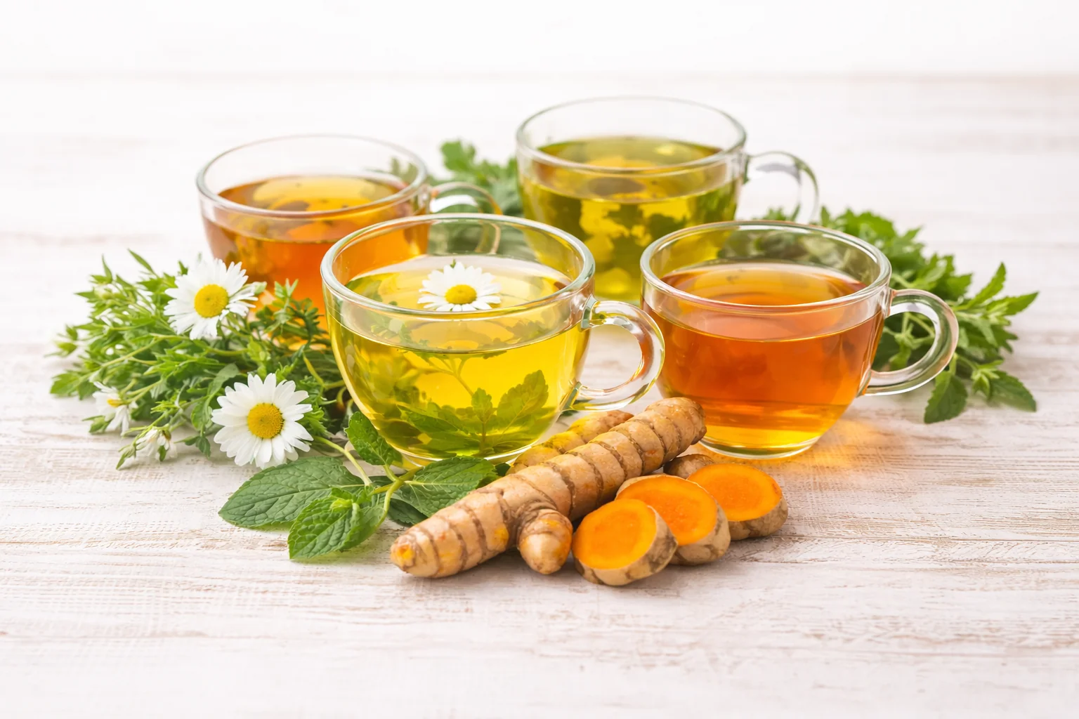 Collection of colorful herbal teas in glass cups with fresh turmeric root and chamomile flowers on rustic wooden table for natural anti-inflammatory remedies