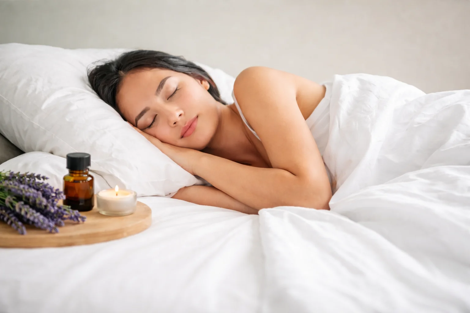Peaceful woman sleeping soundly in comfortable white bedding with lavender essential oil and lit candle on bedside table for natural sleep remedies