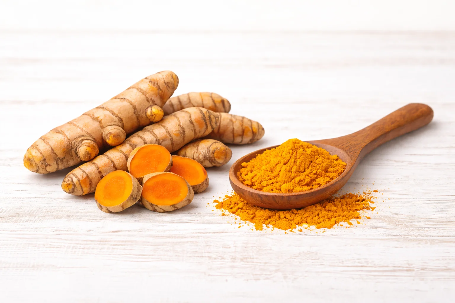 Fresh turmeric root and golden turmeric powder in wooden spoon on white wooden surface for joint health and inflammation relief